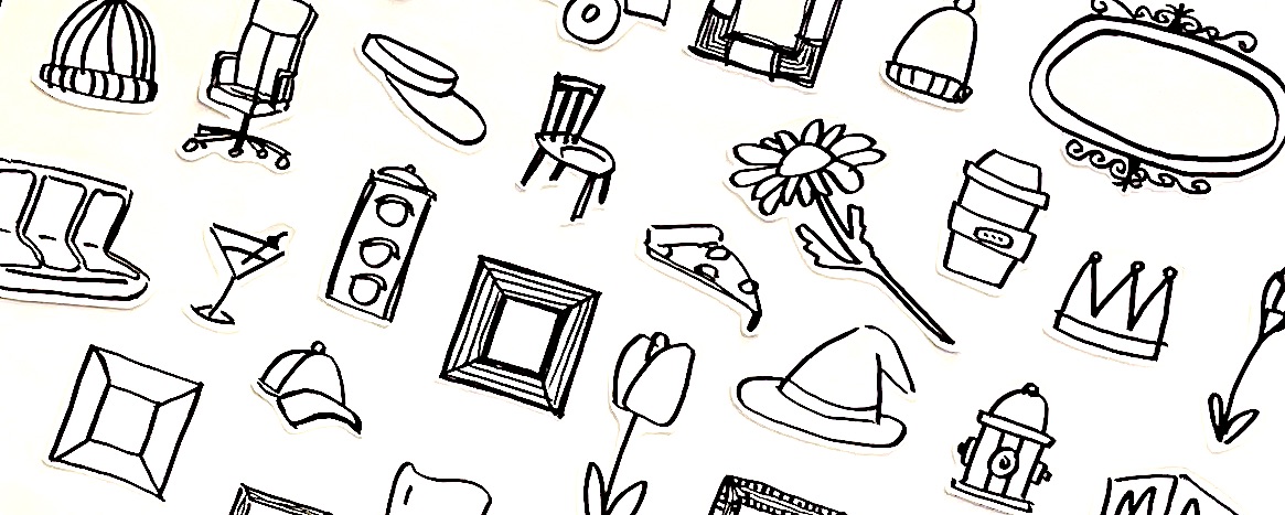 Black and white cutout doodles scattered across a white background